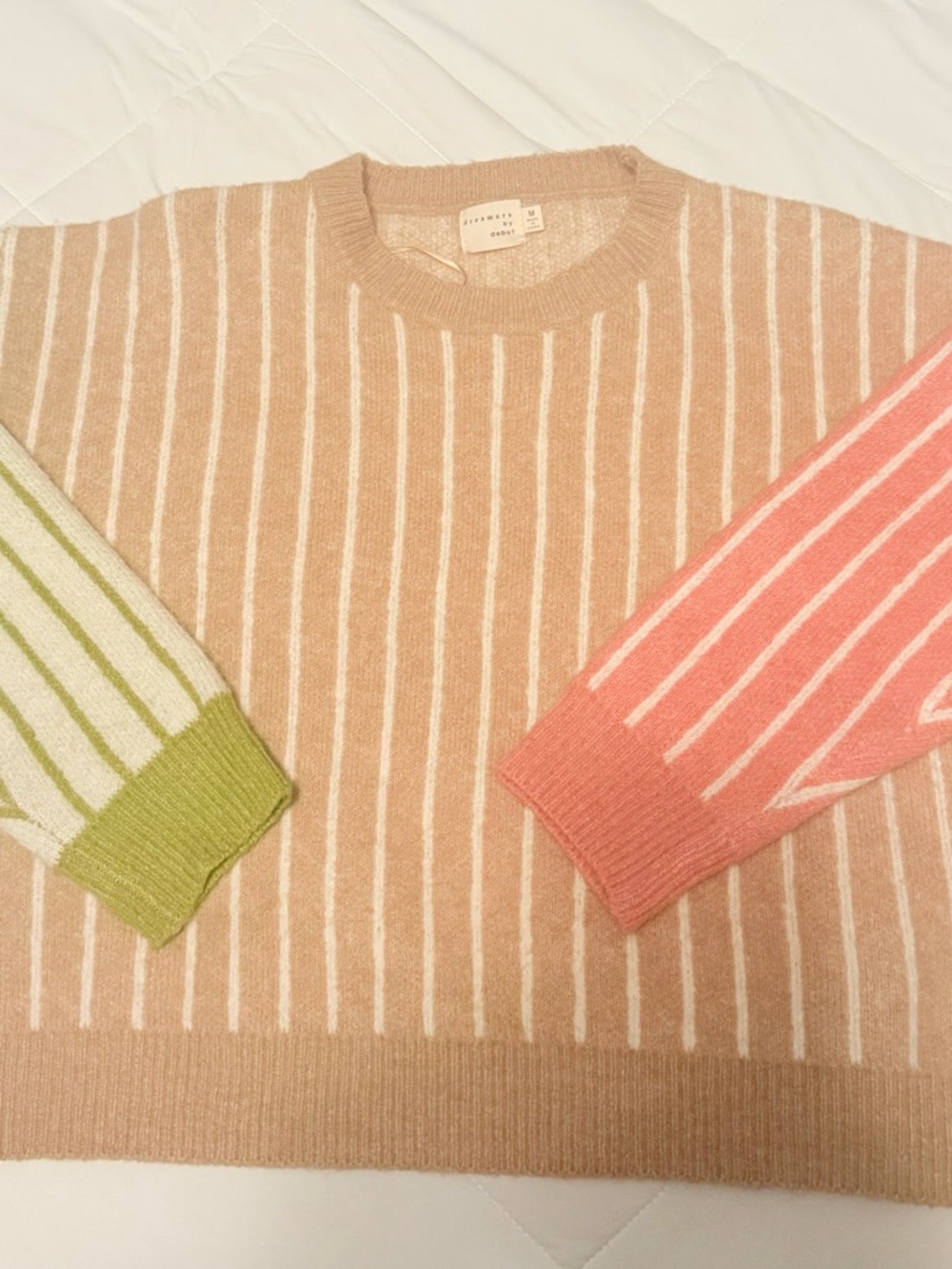 Striped Crewneck Sweater in Beige with Color-Block Sleeves
